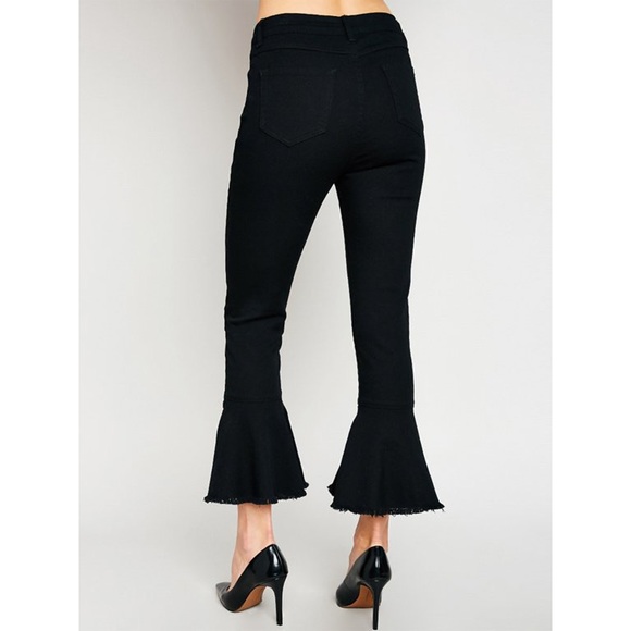 Bell Bottom Classic Retro High Waist Cropped Flared Raw Hem Pants Black - Picture 2 of 13